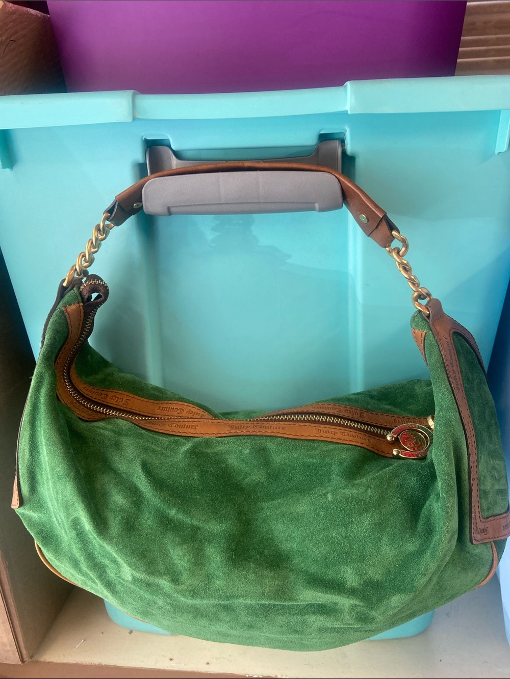 Vintage Juicy Couture Green Suede Shoulder Bag with Chain Detail